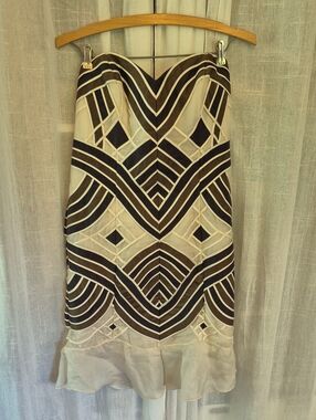 Carolina Herrera Silk Strapless Geometric Midi Dress in Ivory and Dark Brown